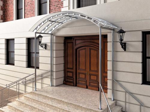 Открытое крыльцо с навесом. Стильное оформление фасада: козырьки и навесы над входом в дом