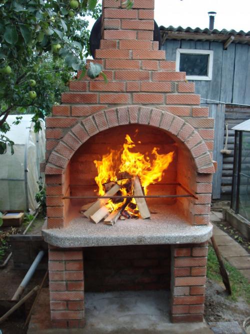 Барбекю из кирпича под навесом. Месторасположение для мангала